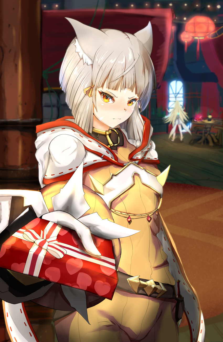 2girls, absurdres, animal_ears, blush, cat_ears, cat_girl, chocolate, gloves