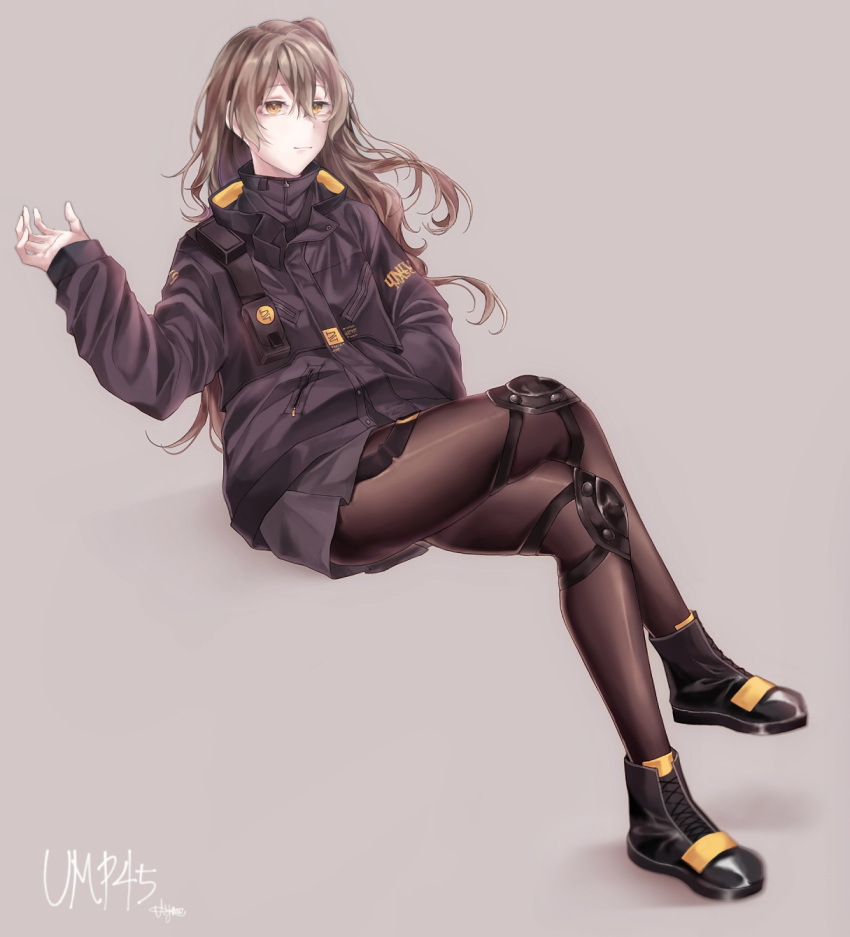 1girl, black_footwear, black_jacket, black_legwear, brown_eyes, brown_hair, character_name, eyebrows_visible_through_hair