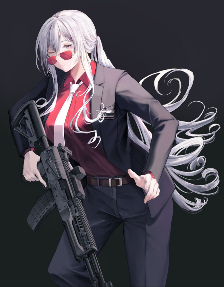 1girl, ak-12, ak-12_(girls_frontline), belt, black_background, black_jacket, black_pants, blazer