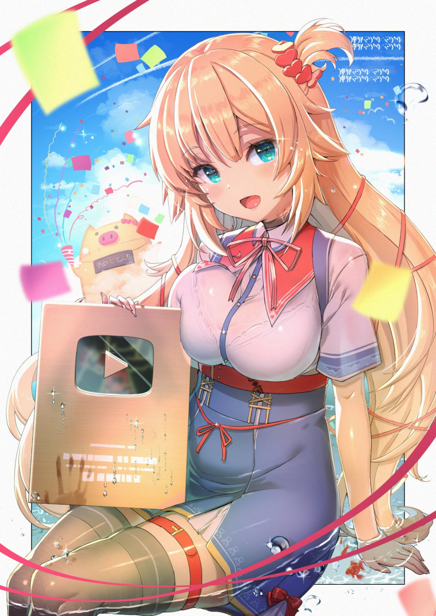 :d, akai_haato, black_legwear, blonde_hair, blue_eyes, bra, breasts, choker