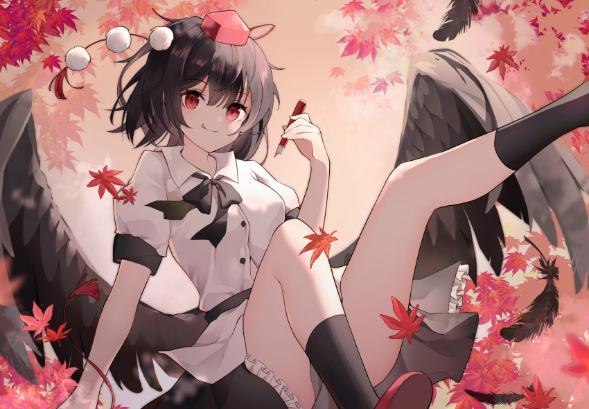 1girl, :q, arm_up, autumn_leaves, bangs, black_hair, black_legwear, black_neckwear