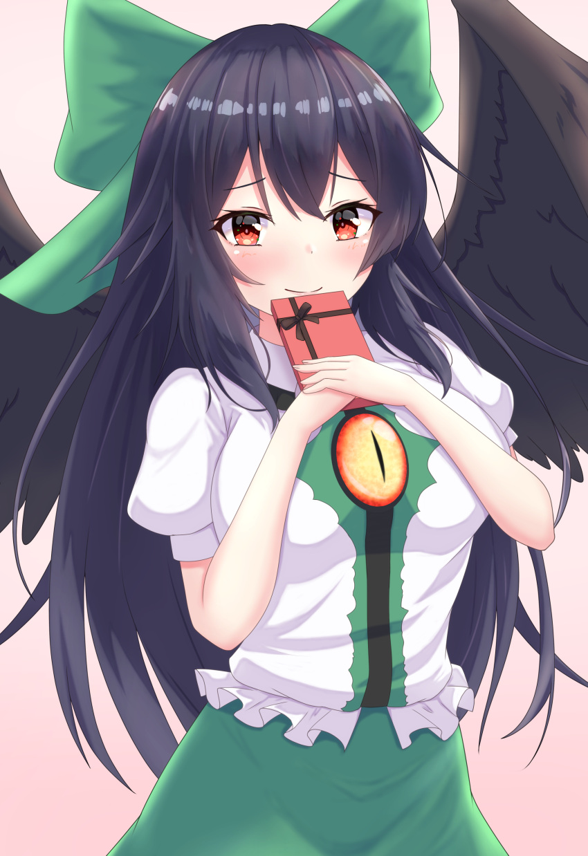 1girl, absurdres, bangs, bird_wings, black_hair, blouse, blush, bow, box, breasts, closed_mouth, commentary_request, eyebrows_visible_through_hair, gift, gradient, gradient_background, green_bow, green_skirt, hair_bow, highres, holding, holding_box, holding_gift, large_breasts, long_hair, looking_at_viewer, o1118, pink_background, puffy_short_sleeves, puffy_sleeves, red_eyes, reiuji_utsuho, short_sleeves, simple_background, skirt, smile, solo, third_eye, touhou, valentine, very_long_hair, white_background, white_blouse, wings