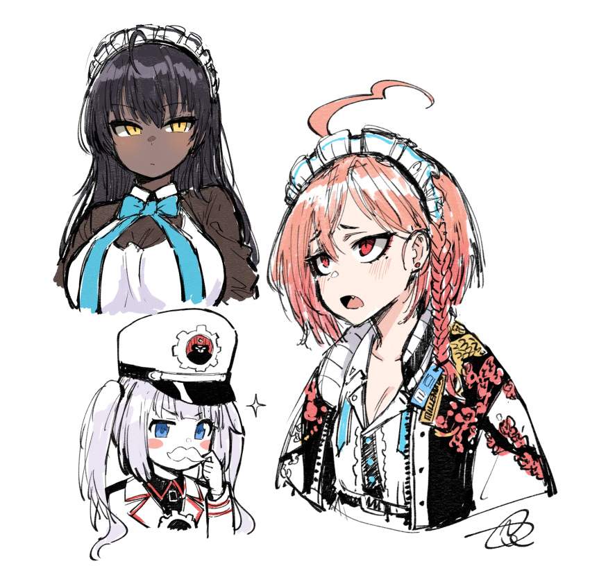 3girls, apron, blue_archive, blue_eyes, braid, cherino_(blue_archive), ear_piercing, facial_hair