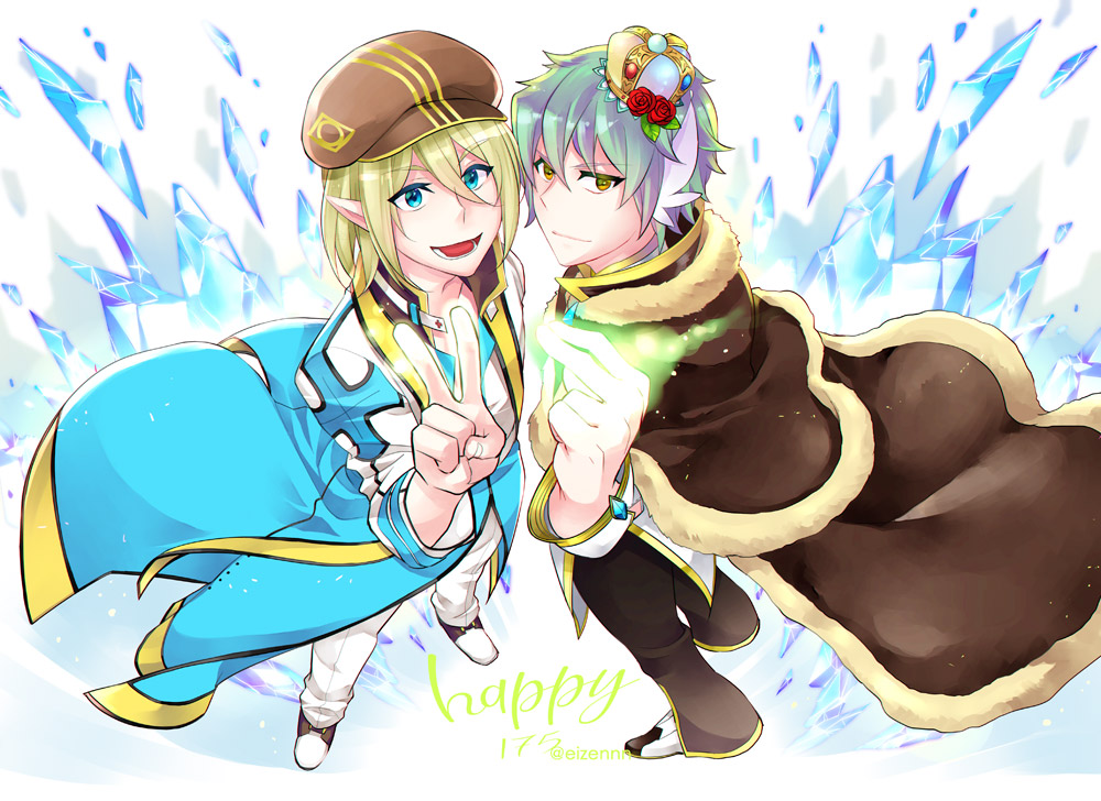 2boys, archbishop_(ragnarok_online), artist_name, bangs, black_pants, blonde_hair, blue_coat, blue_eyes