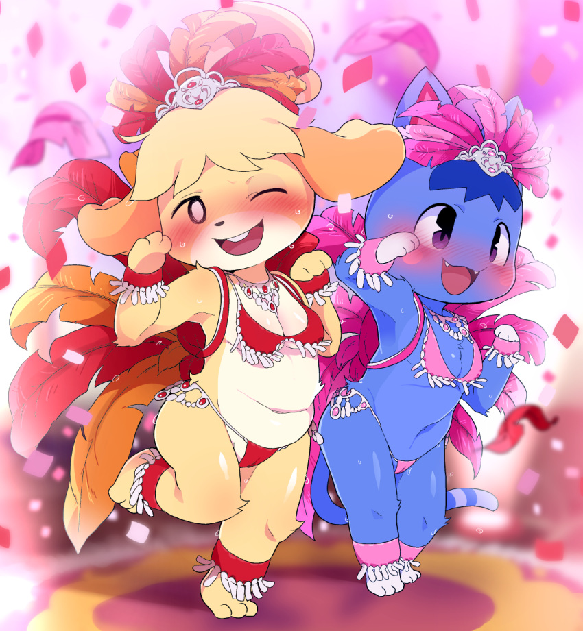 2girls, animal_crossing, animal_ears, barefoot, blush, cat_ears, cat_girl, cat_tail