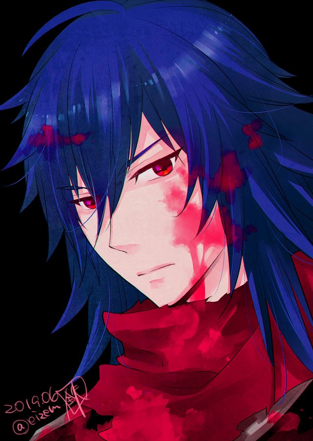 1boy, assassin_cross_(ragnarok_online), bangs, bio_lab, black_background, black_shirt, blood, blood_on_face