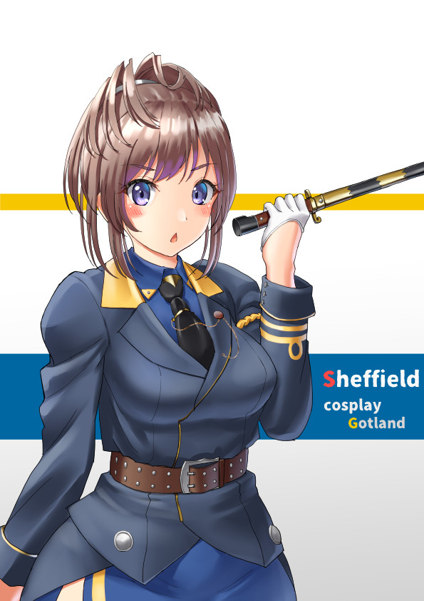 1girl, belt, black_neckwear, blue_eyes, blue_shirt, blue_skirt, brown_hair, character_name