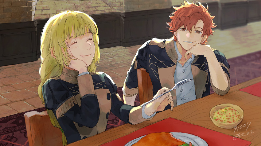 1boy, 1girl, 91007, :t, artist_name, black_jacket, blonde_hair, blush