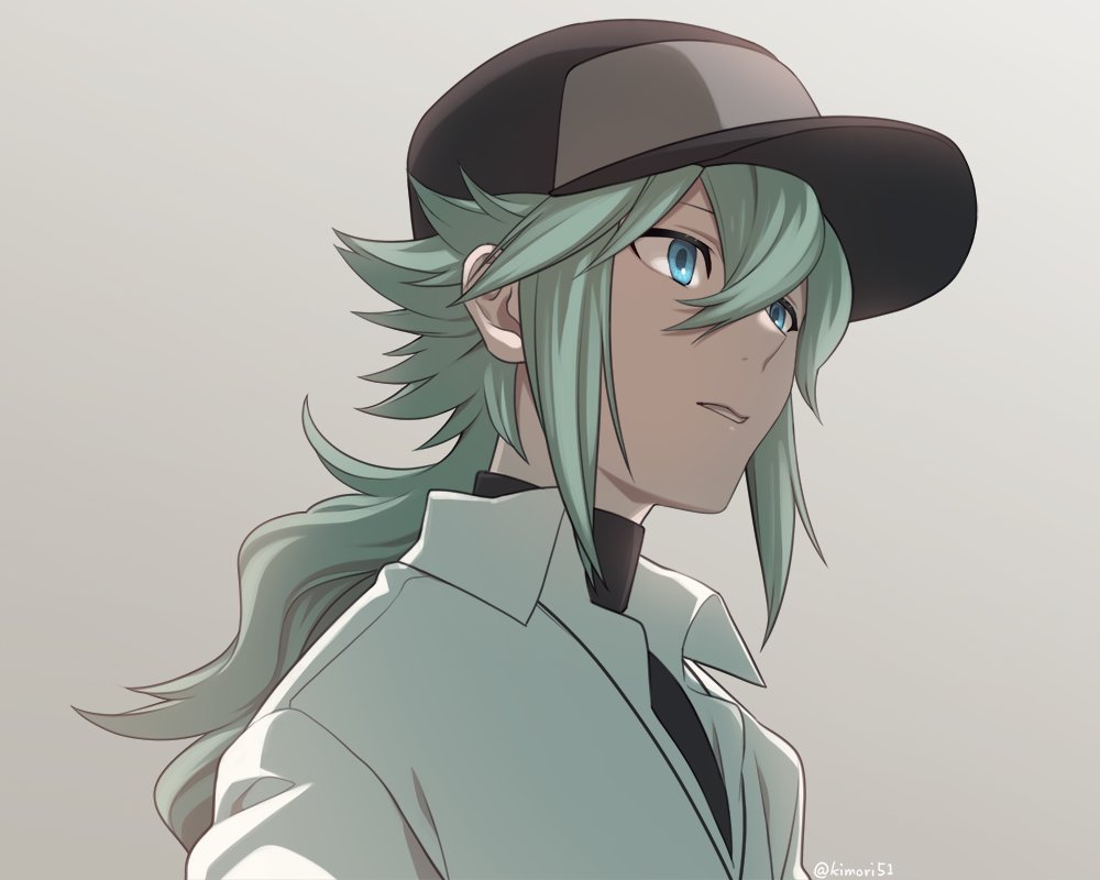 1boy, bangs, baseball_cap, blue_eyes, collared_shirt, commentary, green_hair, grey_background