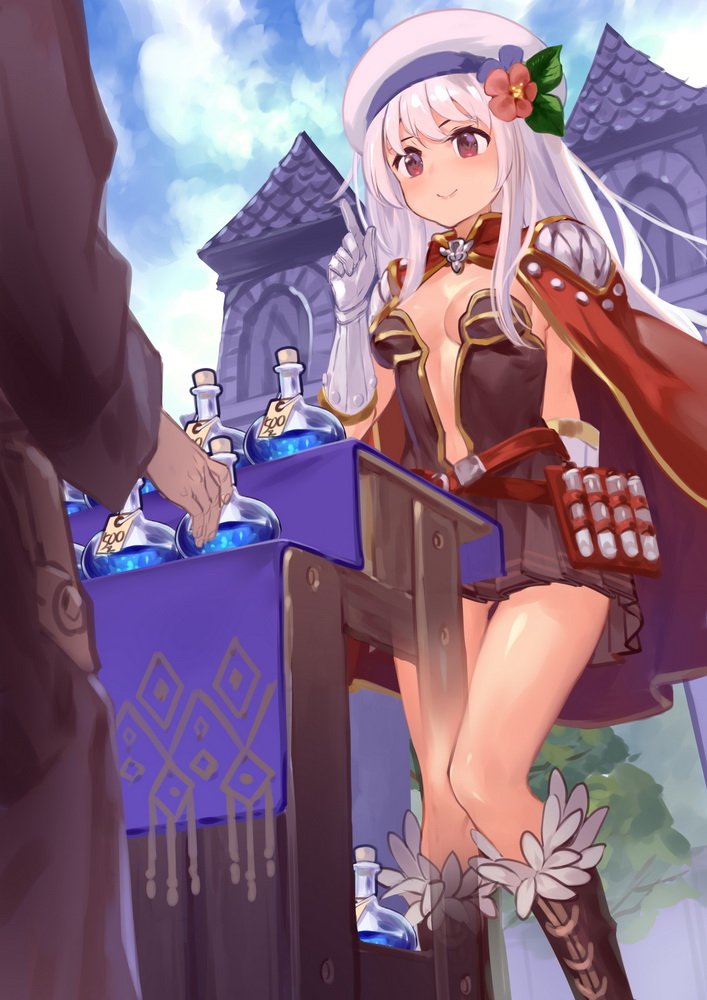 1boy, 1girl, bangs, belt, blue_sky, blush, boots, breasts