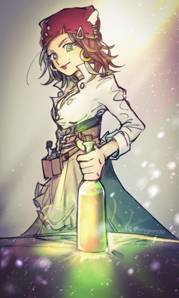 1girl, alcohol, apron, belt, belt_pouch, bottle, brown_apron, brown_hair