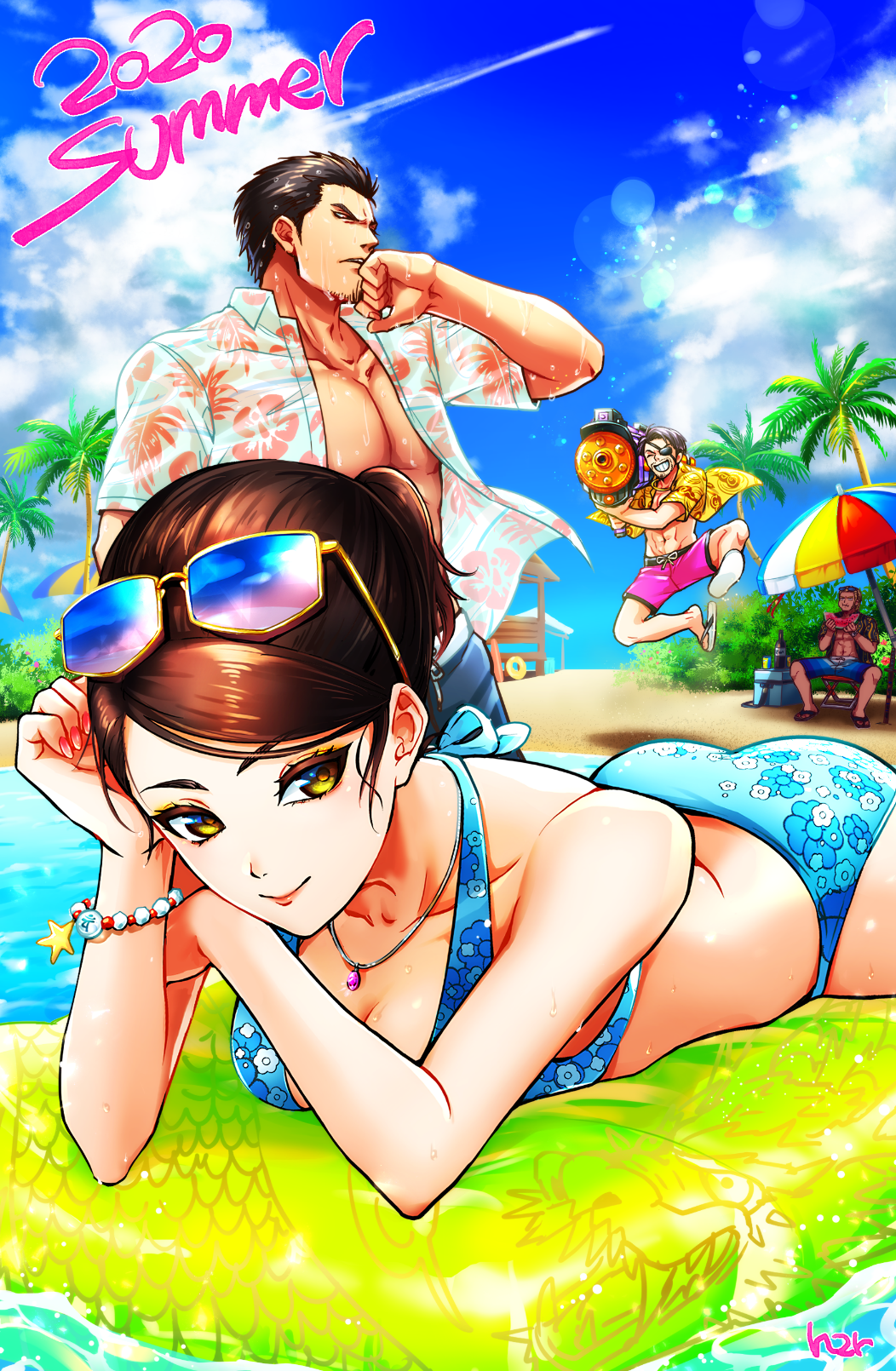 1girl, 2020, 3boys, beach, bikini, blue_bikini, bracelet, eating, eyepatch, food, fruit, gouda_ryuuji, highres, hoge02, jewelry, kiryuu_kazuma, majima_gorou, multiple_boys, necklace, parasol, ryuu_ga_gotoku, ryuu_ga_gotoku_2, sayama_kaoru, see-through, signature, summer, sunglasses, swimsuit, umbrella, water_gun, watermelon, yellow_eyes