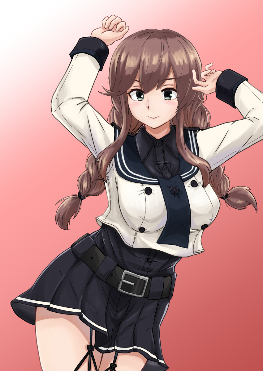 1girl, absurdres, arms_up, bangs, black_sailor_collar, black_shirt, black_skirt, braid