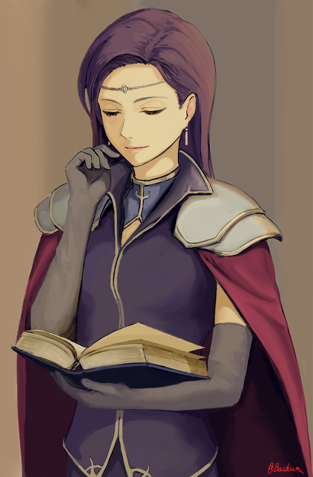 1girl, armor, bachium, brown_background, brunnya_(fire_emblem), closed_eyes, closed_mouth, dress_shirt, earrings, elbow_gloves, fire_emblem, fire_emblem:_the_binding_blade, gloves, grey_gloves, highres, holding, jewelry, long_hair, purple_hair, purple_shirt, shirt, shoulder_armor, smile, solo, straight_hair, upper_body