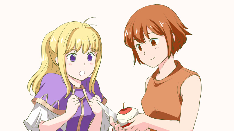2girls, ahoge, apple, bangs, bare_shoulders, blonde_hair, brown_eyes, brown_hair