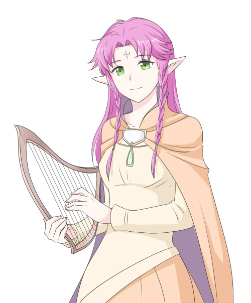 1girl, adult, age_difference, alternative_age, braid, breasts, cape, facial_mark, fae_(fire_emblem), fire_emblem, fire_emblem:_the_binding_blade, forehead_mark, green_hair, harp, holding, holding_instrument, instrument, intelligent_systems, kashiwabooks, long_hair, looking_at_viewer, manakete, medium_breasts, nintendo, older, pink_hair, pointy_ears, solo, upper_body