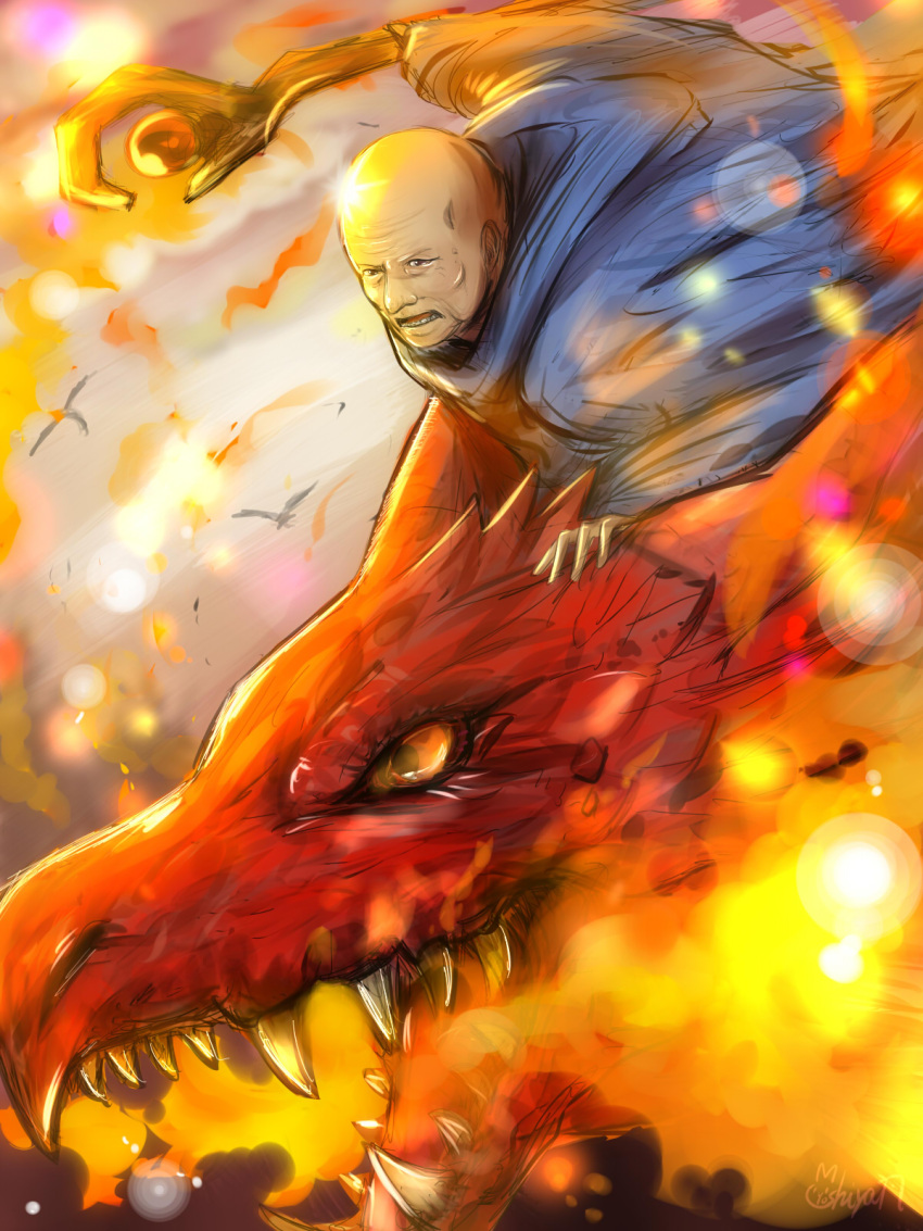 2boys, bald, bantu_(fire_emblem), bird, dragon, fangs, fire, fire_emblem, fire_emblem:_mystery_of_the_emblem, fire_emblem:_shadow_dragon_and_the_blade_of_light, highres, holding, holding_staff, holding_weapon, hood, multiple_boys, open_mouth, red_eyes, riding, robe, staff, tongue, tongue_out, weapon, wrys_(fire_emblem), yoshiyanmisoko2