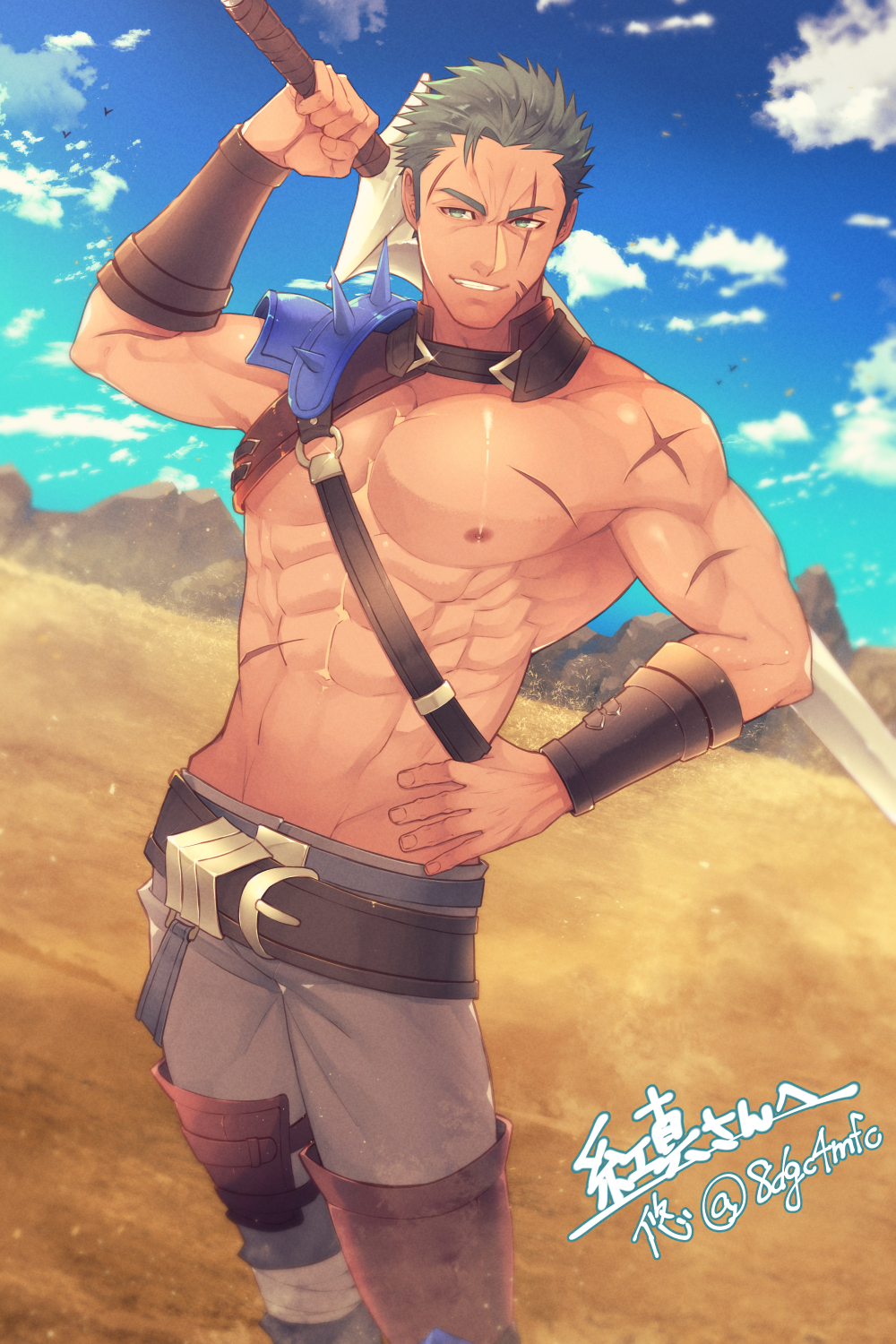 1boy, aya_(pixiv73672), clouds, cloudy_sky, commission, dieck_(fire_emblem), fire_emblem, fire_emblem:_the_binding_blade, green_eyes, green_hair, highres, holding, holding_sword, holding_weapon, large_pectorals, mountain, muscular, outdoors, pectorals, scar, scar_across_eye, scar_on_chest, scar_on_face, scar_on_stomach, shirtless, skeb_commission, sky, sword, weapon
