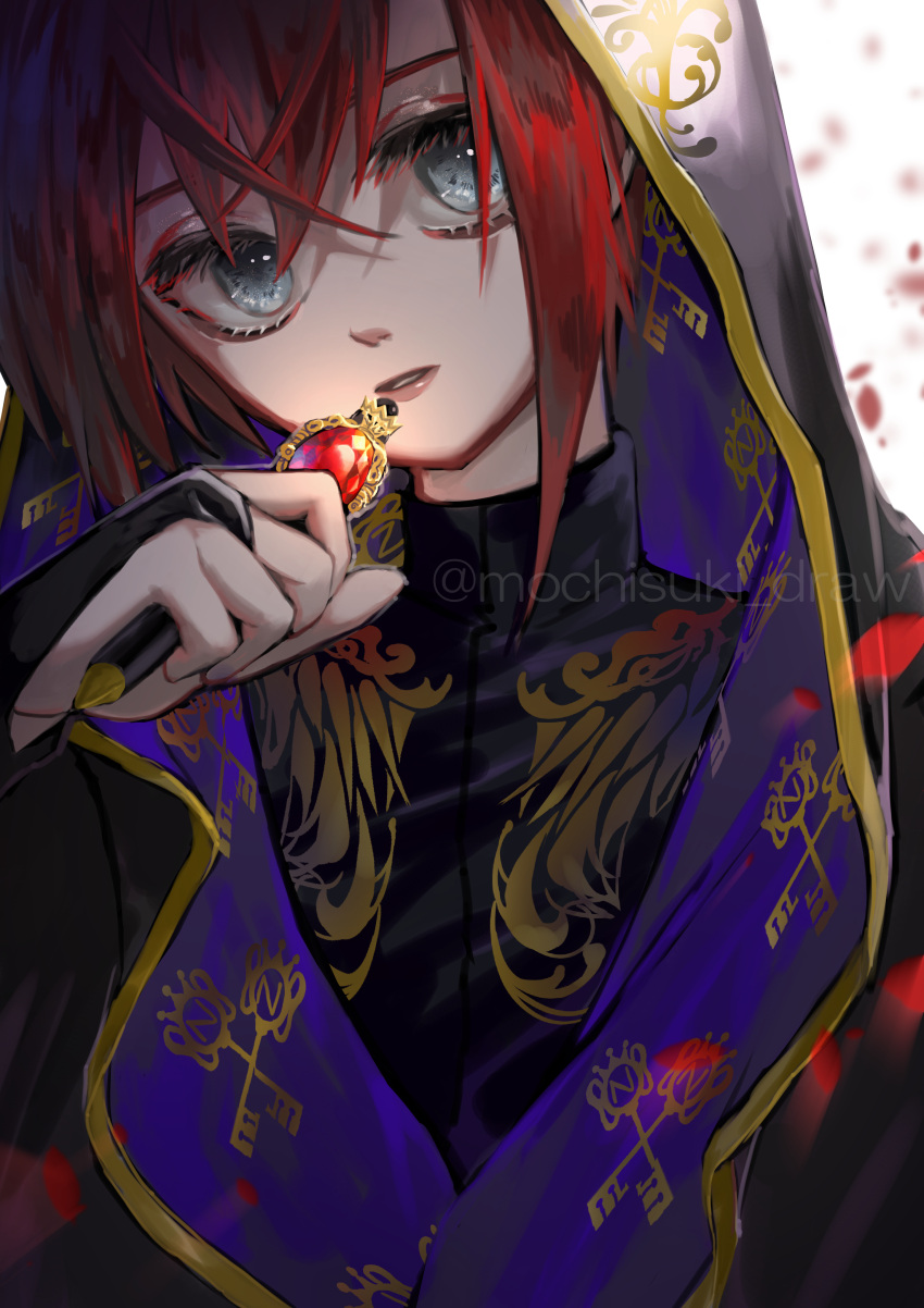 1boy, absurdres, grey_eyes, hair_between_eyes, highres, hood, key_print, looking_at_viewer