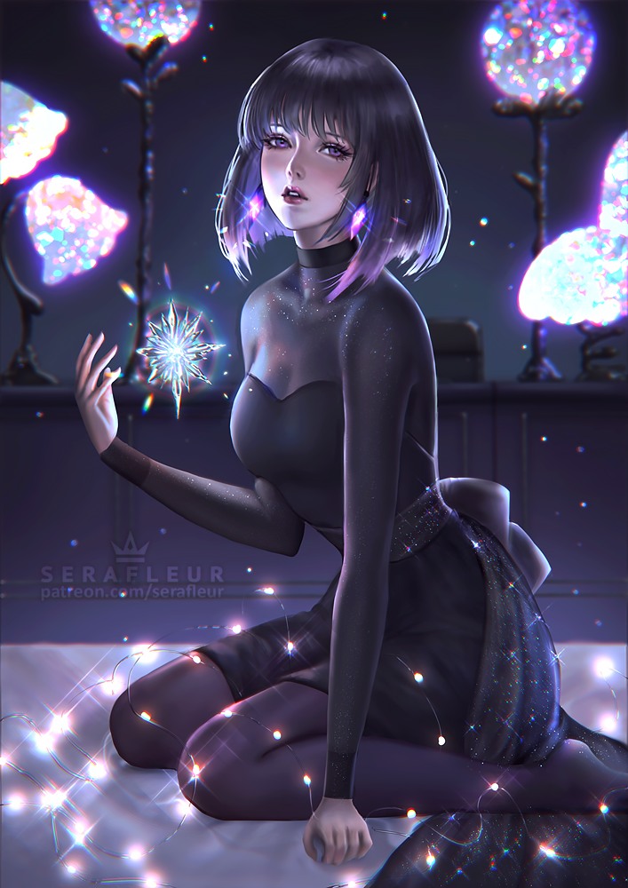 1girl, abigail_diaz, arm_support, bangs, bishoujo_senshi_sailor_moon, black_dress, black_legwear, crystal