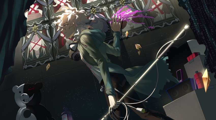1boy, bangs, blood, bottle, bow, brown_pants, chain, coat