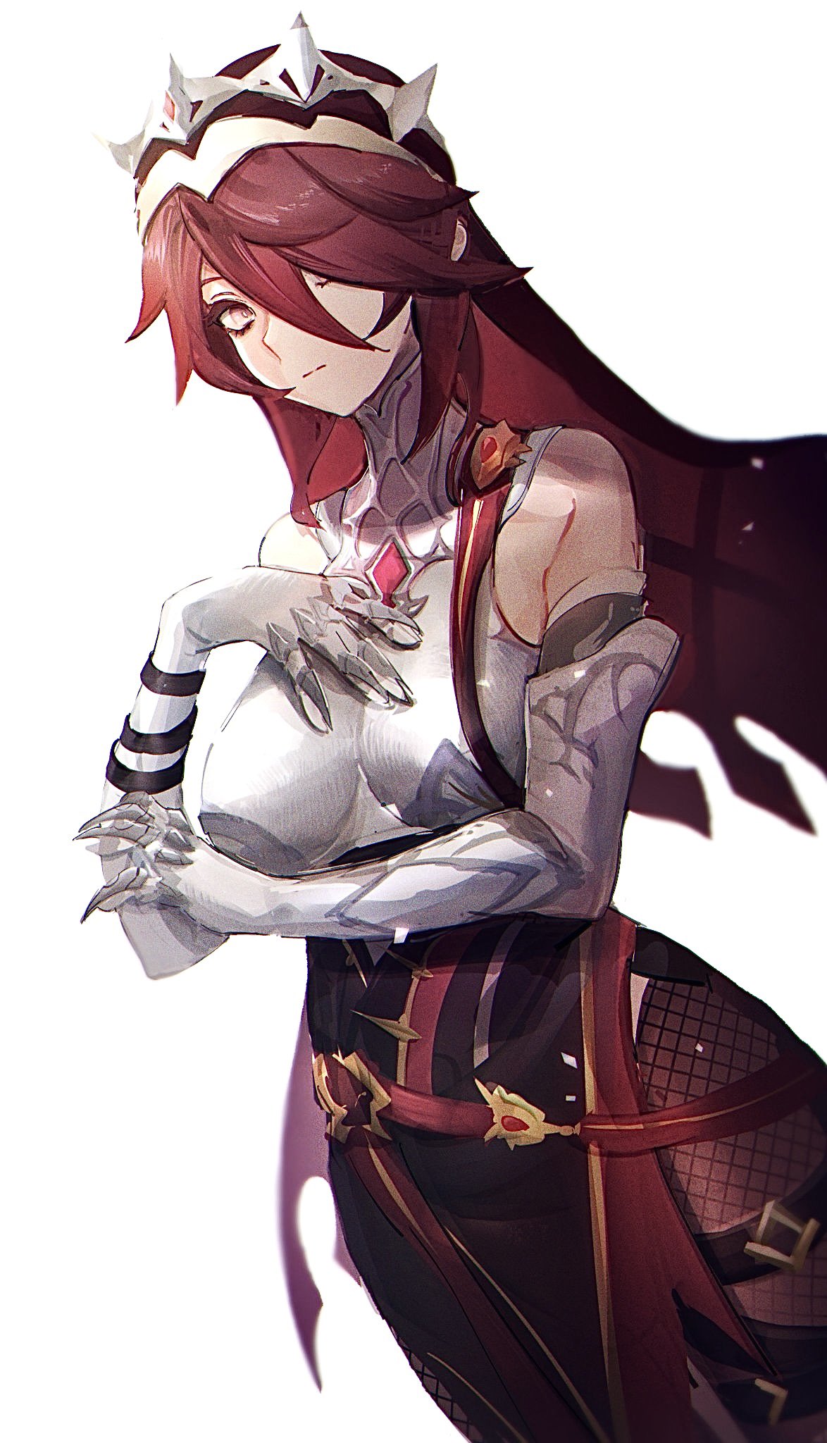 1girl, arms_up, bare_shoulders, breasts, claw_ring, closed_mouth, elbow_gloves, fishnet_legwear