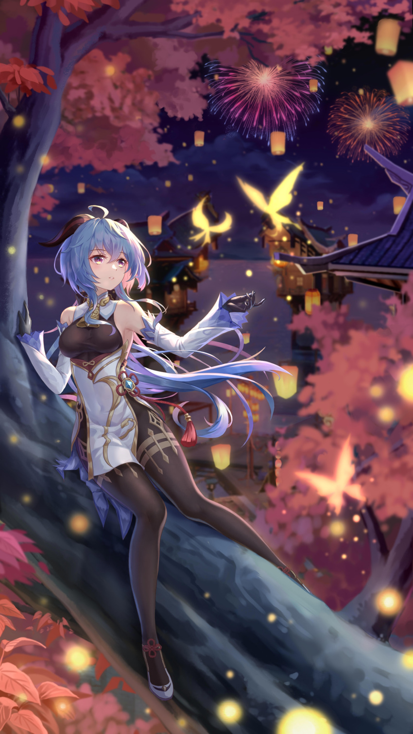 1girl, absurdres, ahoge, arm_support, autumn, autumn_leaves, bangs, bare_shoulders