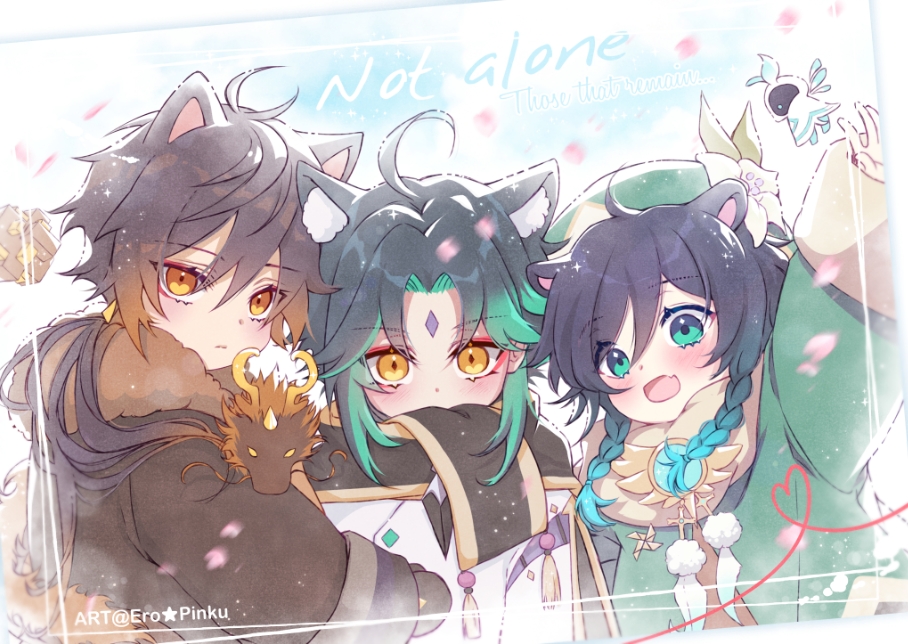 3boys, ahoge, animal_ears, arm_up, bangs, black_gloves, black_hair, blue_hair