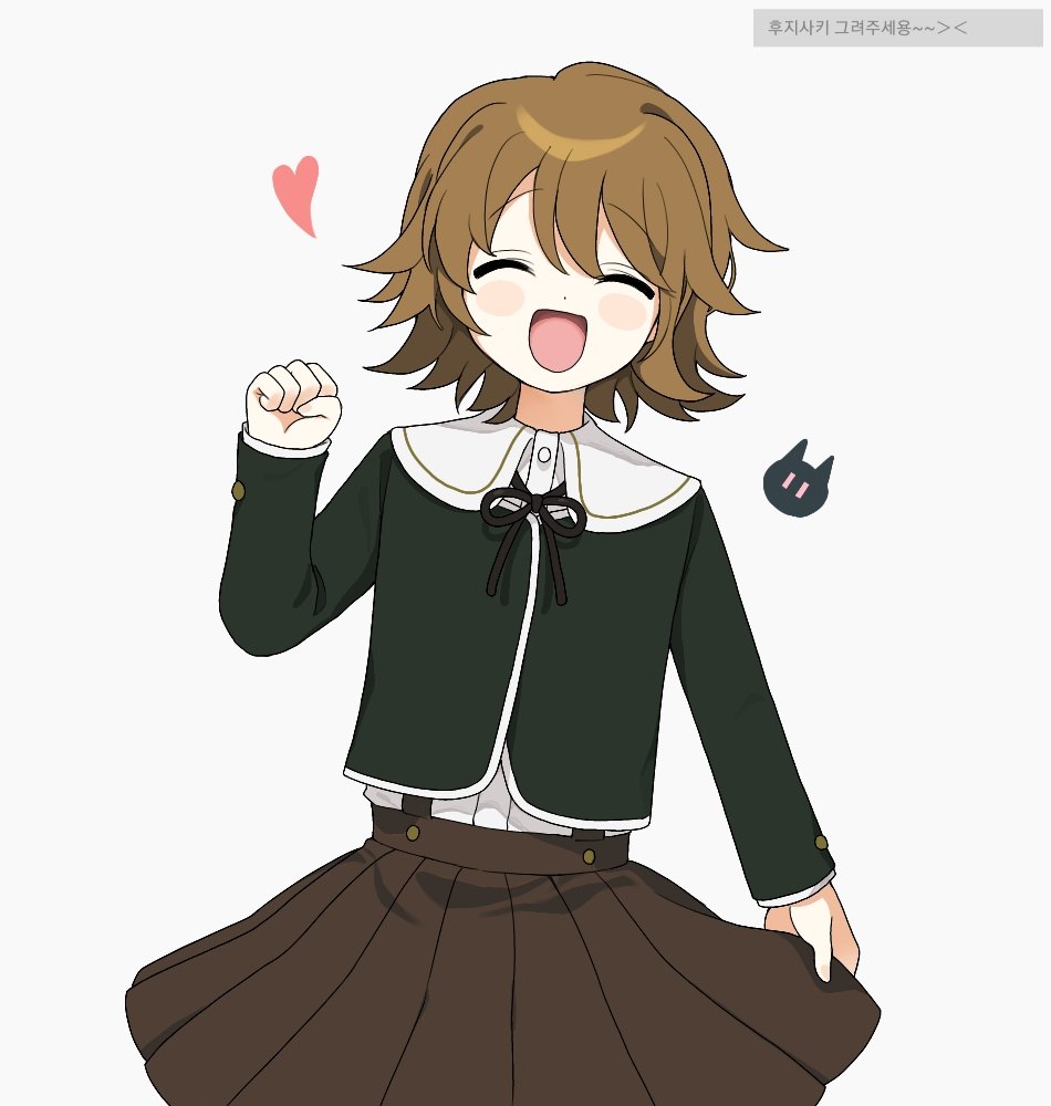 1boy, 3tn_63, :d, bangs, black_ribbon, blush_stickers, brown_hair, brown_skirt
