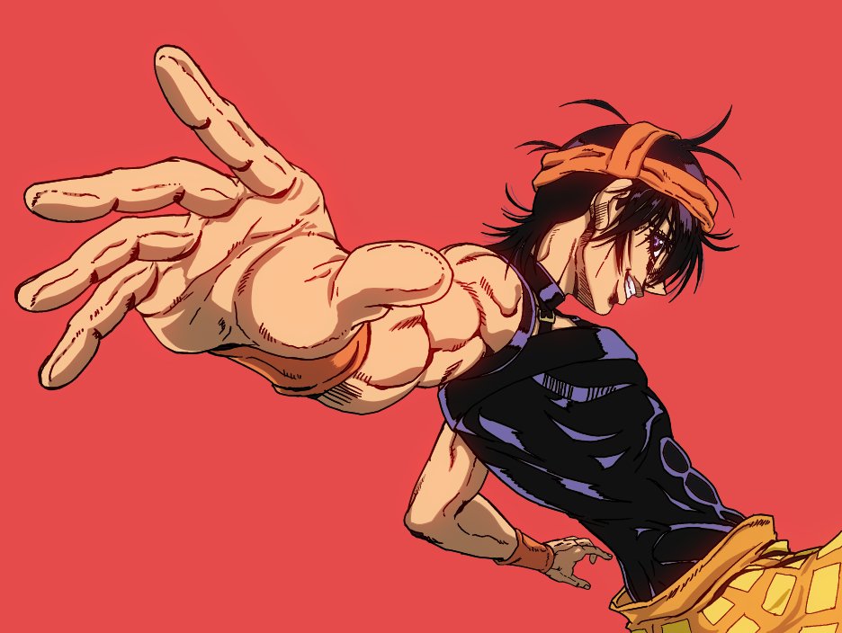 1boy, abs, bare_arms, bare_shoulders, black_hair, commentary_request, foreshortening, grin