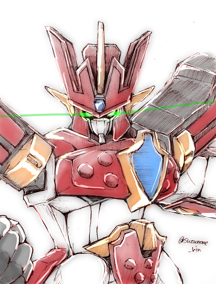 clenched_hand, clenched_hands, glowing, glowing_eyes, granzort, looking_at_viewer, madou_king_granzort, mecha