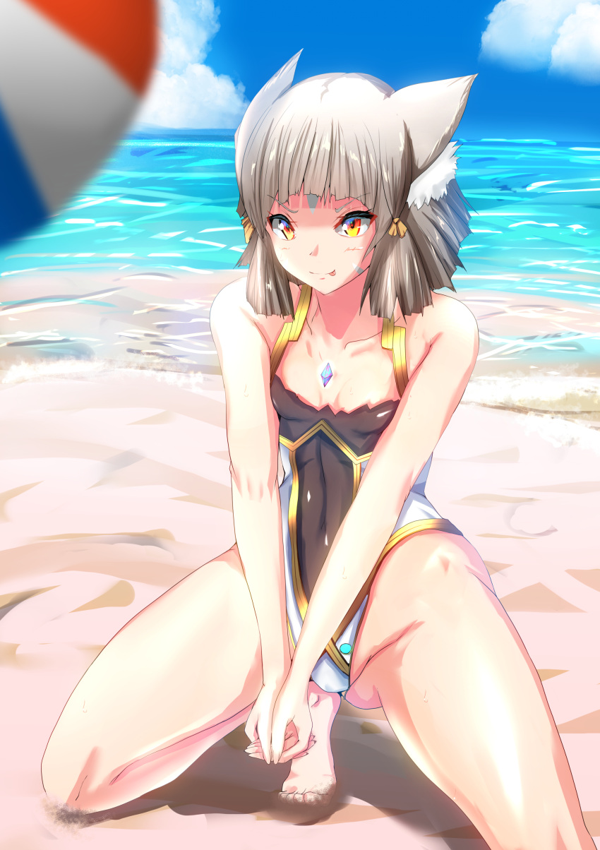 absurdres, animal_ears, bangs, beach, blunt_bangs, cat_ears, clouds, crystal, facial_mark, flat_chest, gem, hair_ornament, hands_together, highres, licking_lips, nia_(blade)_(xenoblade), nia_(emori_miku_project), nia_(xenoblade), ocean, sand, shindayomon, short_hair, silver_hair, sky, smile, squatting, swimsuit, swimwear, tongue, tongue_out, volleyball, xenoblade_chronicles_(series), xenoblade_chronicles_2, yellow_eyes