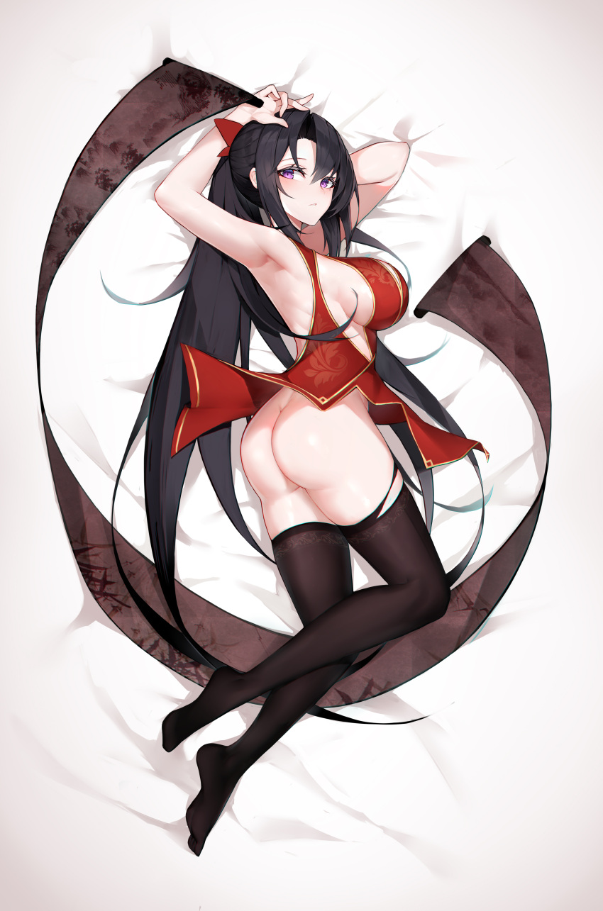 1girl, absurdres, armpits, arms_up, ass, bare_arms, bare_shoulders, black_hair