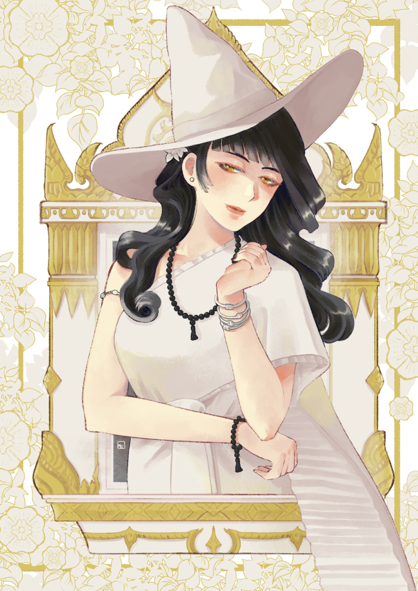 black_hair, bracelet, earrings, hat, highres, jewelry, long_hair, looking_at_viewer