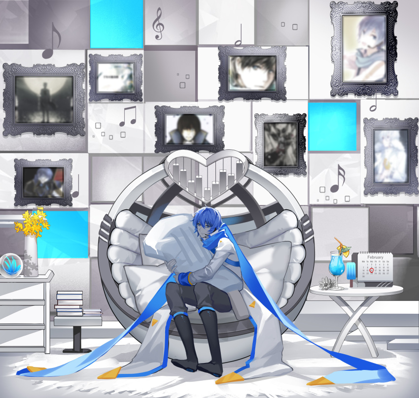 1boy, absurdres, ball_chair, beamed_eighth_notes, black_footwear, blue_eyes, blue_hair, blue_pants, blue_scarf, book, book_stack, boots, calendar_(object), coat, colored_skin, commentary, drinking_straw, eighth_note, flower, food, framed_image, fruit, graphic_equalizer, headset, heart, highres, holding, holding_toy, ice_cream_bar, ice_cream_cone, kaito, kaito_(vocaloid3), kazenemuri, knee_boots, lemon, lemon_slice, light_smile, looking_at_viewer, male_focus, musical_note, object_hug, oversized_food, pants, photo_(object), quarter_note, scarf, sitting, sixteenth_note, solo, song_request, stuffed_toy, table, toy, treble_clef, tropical_drink, vase, vocaloid, waffle_cone, white_coat, white_skin, wide_shot, yellow_flower