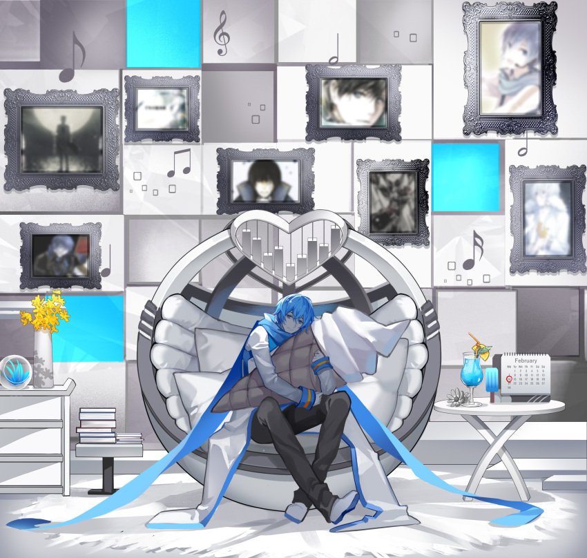 1boy, absurdres, ball_chair, beamed_eighth_notes, black_pants, blue_eyes, blue_hair, blue_scarf, book, book_stack, calendar_(object), coat, colored_skin, commentary, drinking_straw, eighth_note, flower, food, framed_image, fruit, graphic_equalizer, heart, highres, holding, holding_toy, ice_cream_bar, ice_cream_cone, kaito, kazenemuri, lemon, lemon_slice, light_smile, looking_at_viewer, male_focus, musical_note, object_hug, oversized_food, pants, photo_(object), quarter_note, scarf, sitting, sixteenth_note, solo, song_request, stuffed_toy, table, toy, treble_clef, tropical_drink, vase, vocaloid, waffle_cone, white_coat, white_footwear, white_skin, wide_shot, yellow_flower
