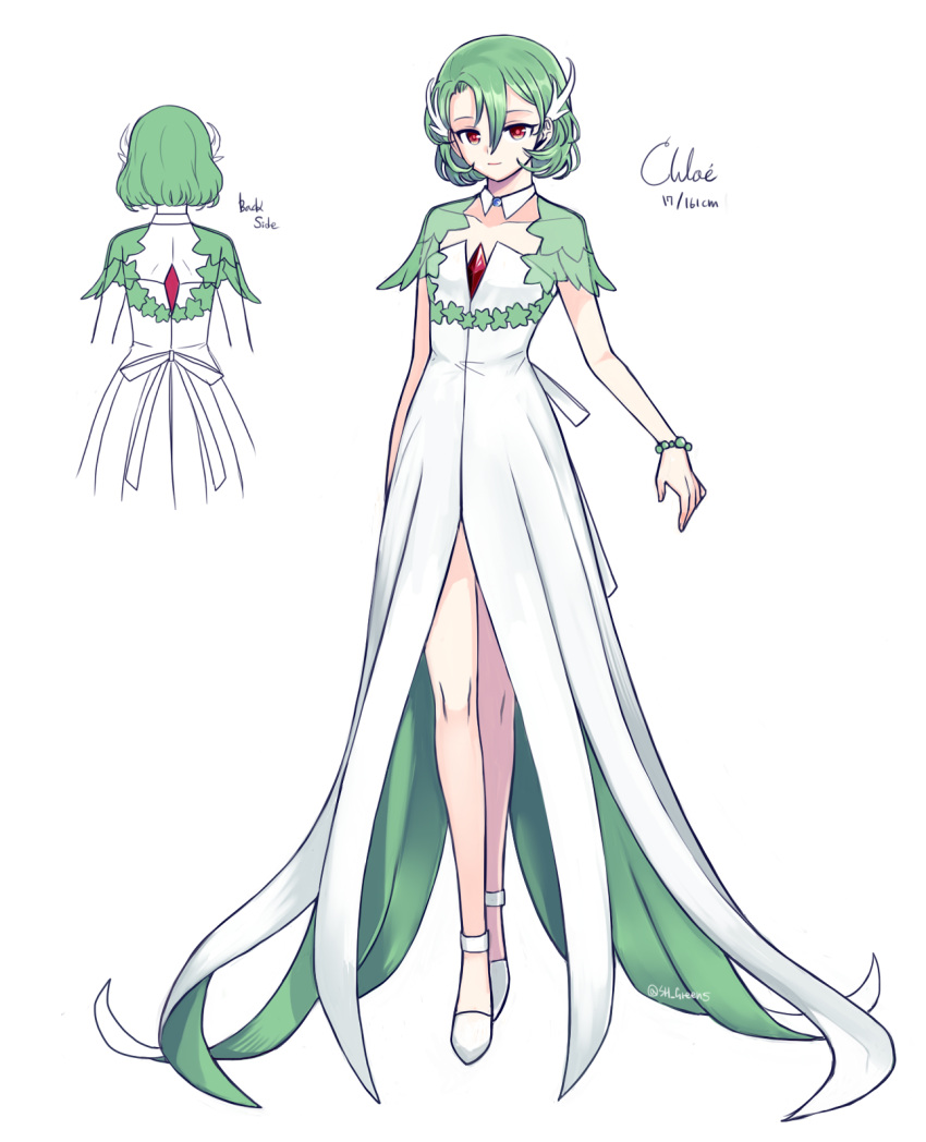 1girl, artist_name, bangs, bracelet, character_name, closed_mouth, collarbone, commentary_request, crystal, dress, english_text, flat_chest, full_body, gardevoir, gen_3_pokemon, green_(wintergreen), green_hair, hair_between_eyes, hair_ornament, happy, height, highres, humanization, jewelry, looking_at_viewer, multiple_views, pokemon, red_eyes, see-through, shiny, shiny_hair, shoes, short_hair, simple_background, smile, standing, twitter_username, white_background, white_dress, white_footwear
