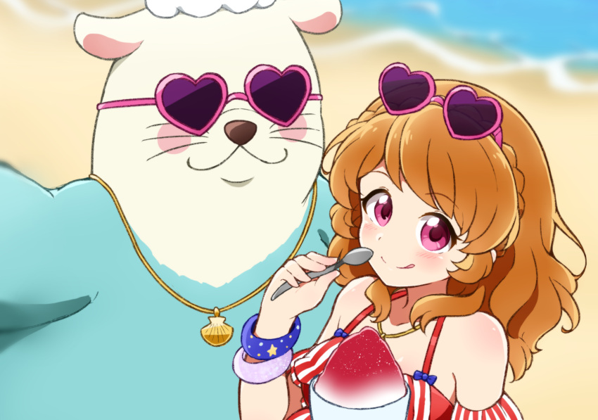 1girl, :p, aikatsu!, aikatsu!_(series), beach, blurry, blurry_background, blush