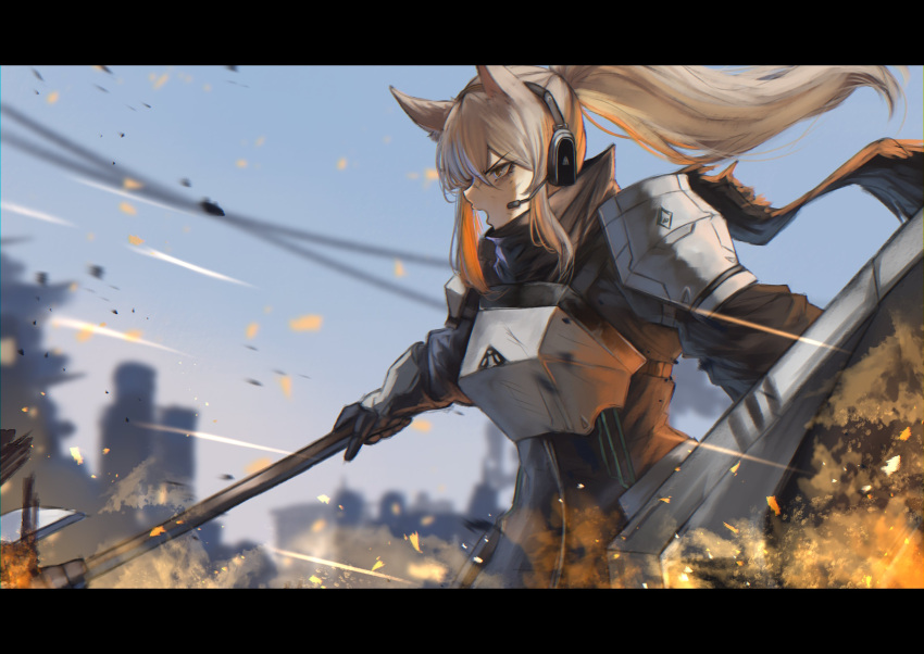 1girl, absurdres, animal_ears, arknights, armor, blonde_hair, blue_sky, breastplate