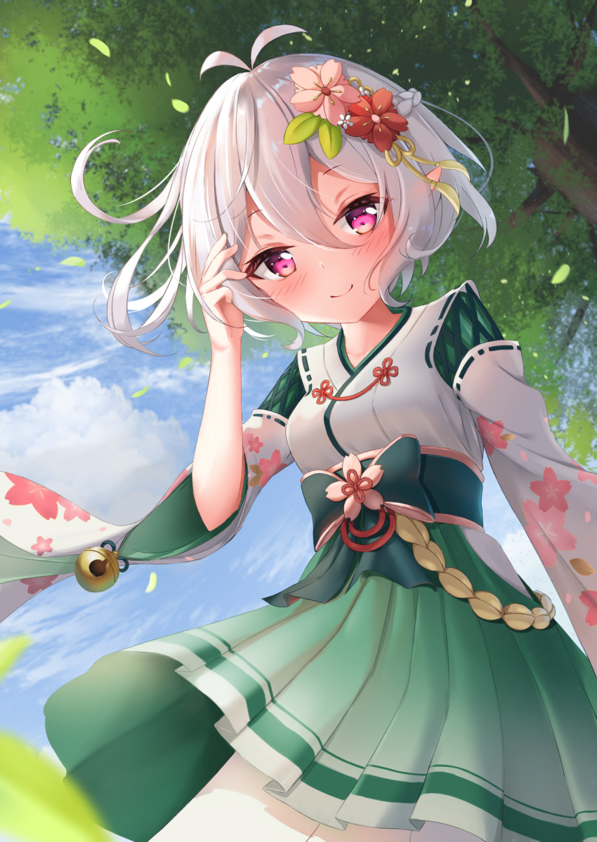 1girl, blush, bow, breasts, clouds, elf, fantasy, flower