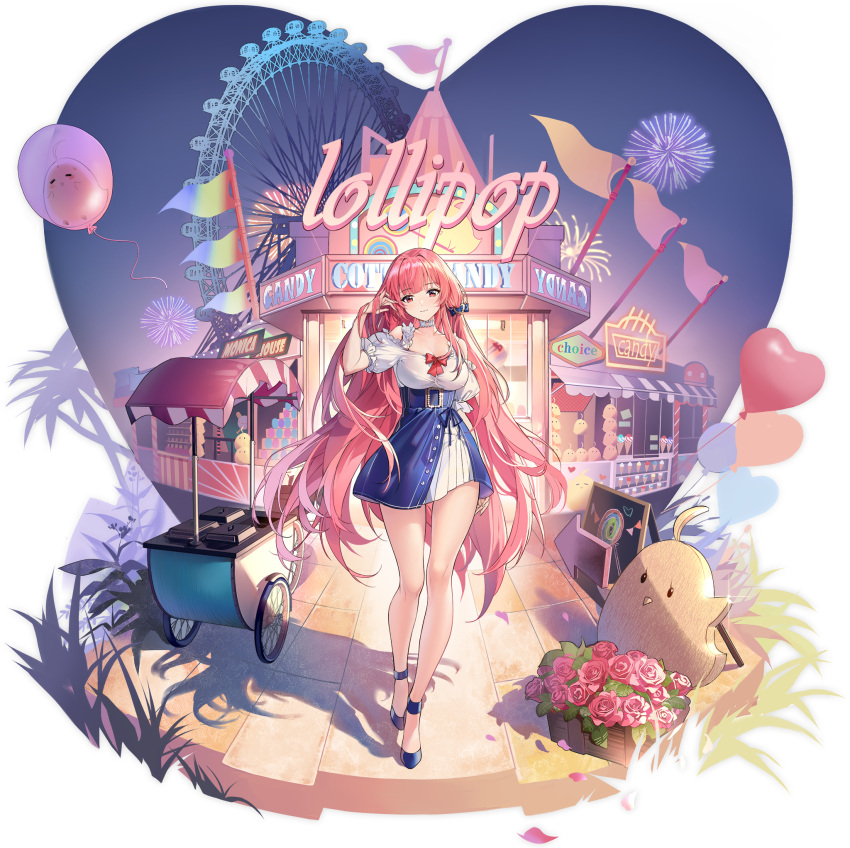 1girl, azur_lane, balloon, blue_dress, blue_footwear, dress, fireworks, hair_ornament