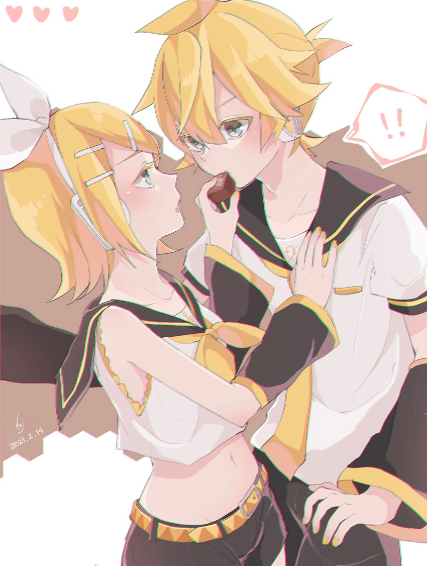 !, !!, 1boy, 1girl, aqua_eyes, arm_warmers, bangs, bare_shoulders, black_collar, black_shorts, black_sleeves, blonde_hair, bow, chromatic_aberration, collar, commentary, cowboy_shot, crop_top, dated, fang, feeding, hair_bow, hair_ornament, hairclip, hand_on_another's_chest, headphones, highres, kagamine_len, kagamine_rin, looking_at_viewer, midriff, nail_polish, navel, neckerchief, necktie, paripariparingo, sailor_collar, school_uniform, shirt, short_hair, short_ponytail, short_shorts, short_sleeves, shorts, skin_fang, sleeveless, sleeveless_shirt, spiky_hair, spoken_exclamation_mark, swept_bangs, valentine, vocaloid, white_bow, white_shirt, yellow_nails, yellow_neckwear