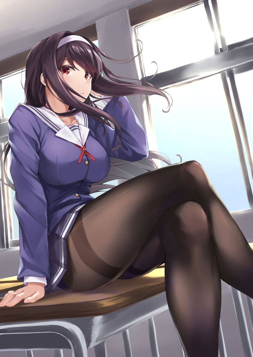 1girl, absurdres, bangs, black_hair, black_legwear, blue_shirt, blue_skirt, breasts