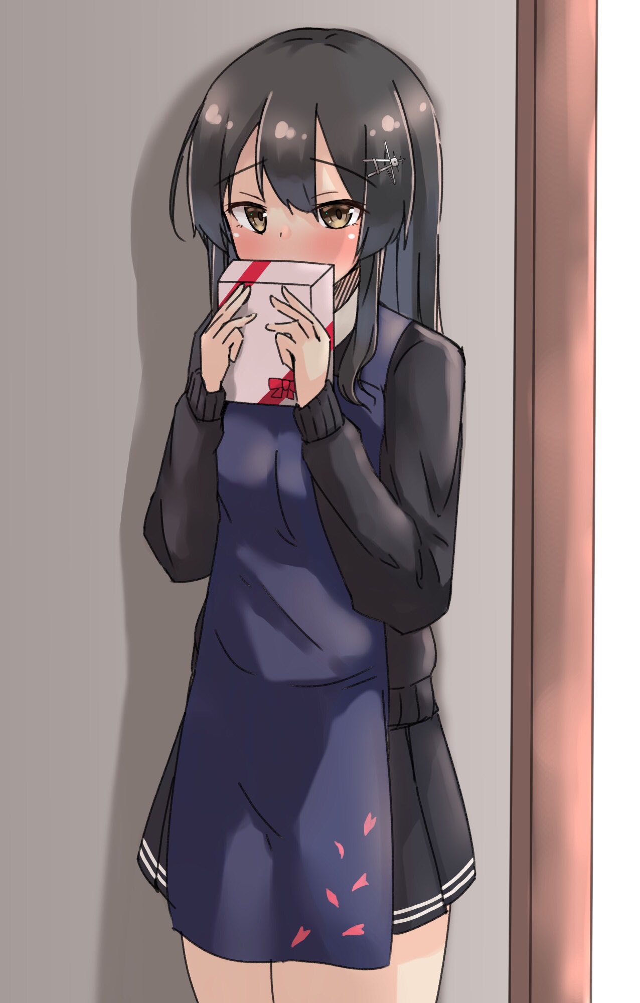 1girl, against_wall, alternate_costume, apron, black_hair, black_skirt, black_sweater, box