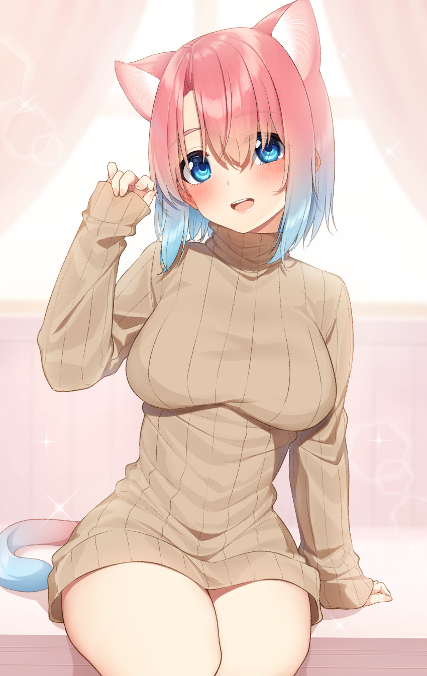 1girl, absurdres, animal_ears, arm_support, bangs, blue_hair, blue_tail, blush