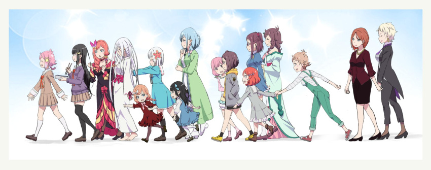 6+girls, ^_^, anna_fugo, black_hair, blonde_hair, blue_hair, bow, braid