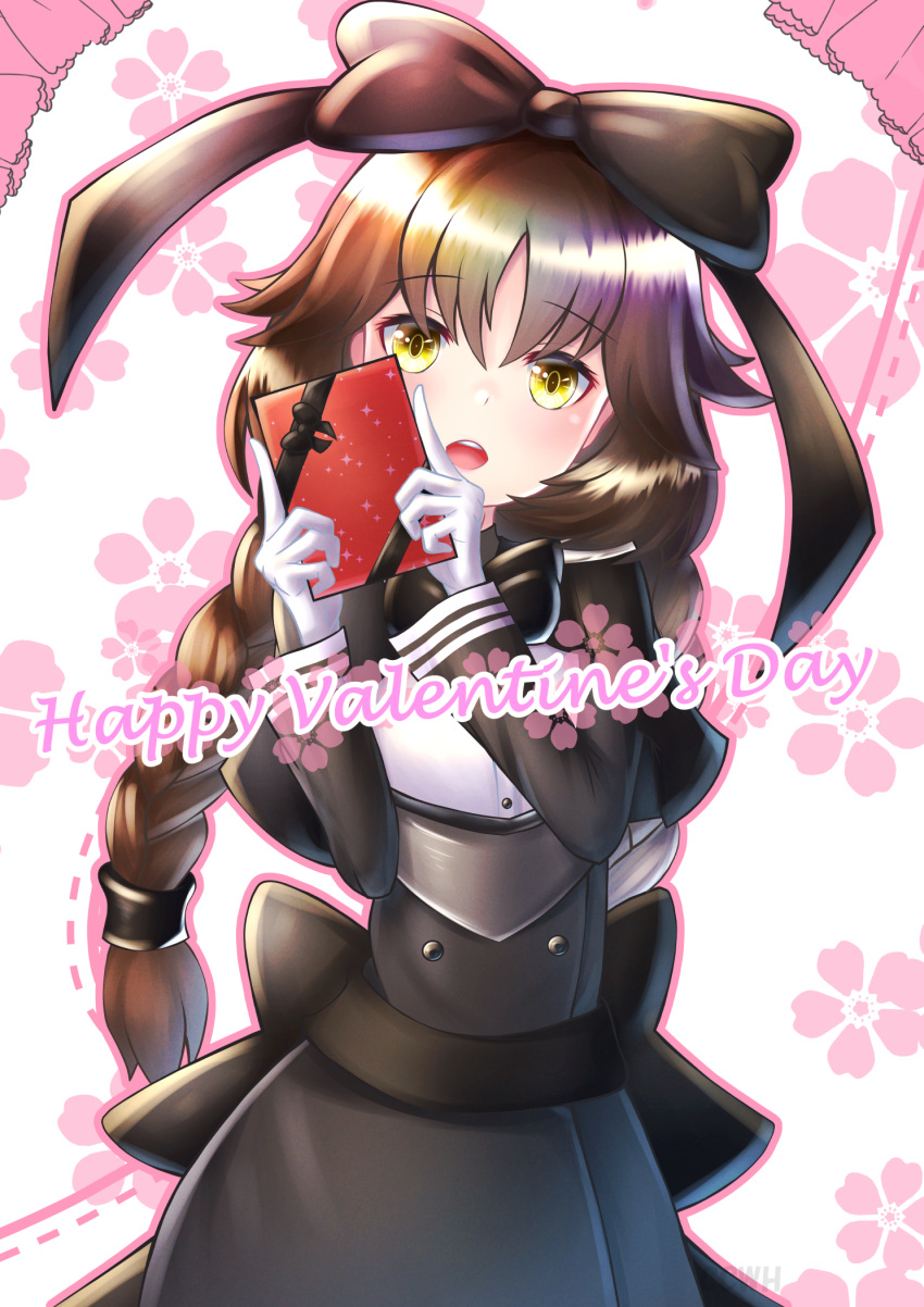 1girl, ash_arms, bow, brown_hair, c-clock, commentary_request, english_text, floral_background, gift, gloves, hair_between_eyes, hair_bow, highres, long_braid, looking_at_viewer, military, military_uniform, open_mouth, panzer_iii_(ash_arms), solo, uniform, valentine, yellow_eyes