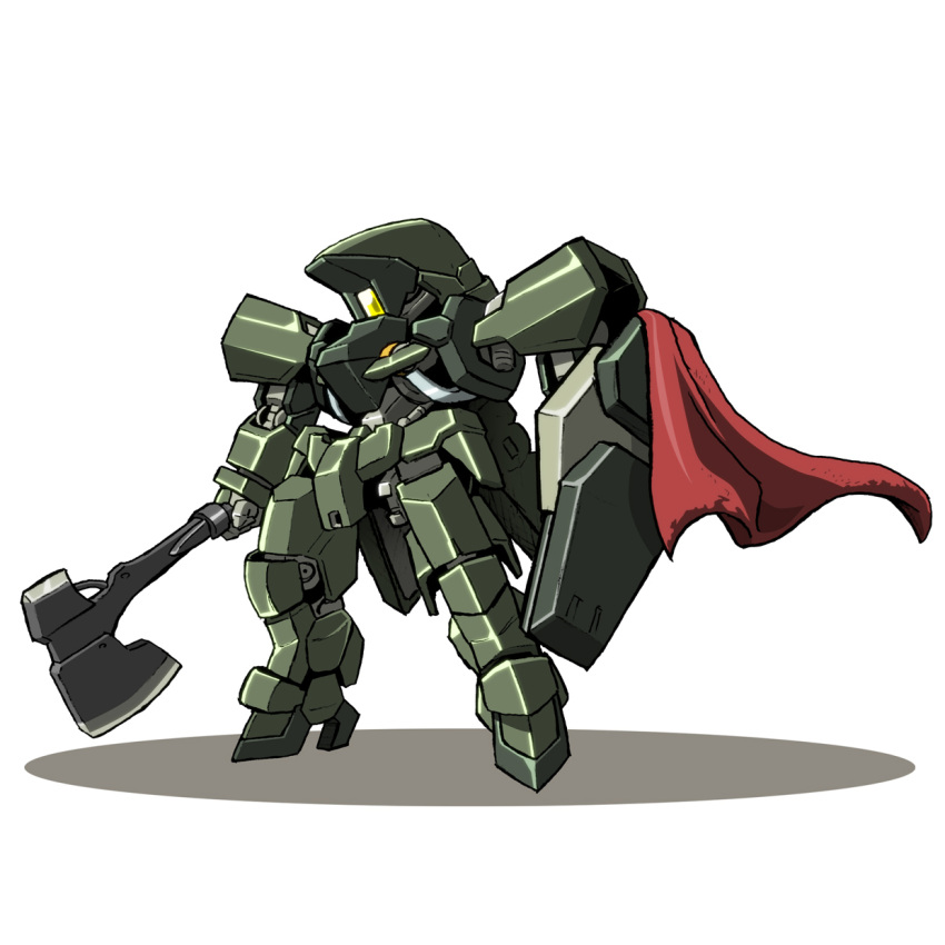 axe, cape, chibi, graze_(mobile_suit), gundam, gundam_tekketsu_no_orphans, highres, holding