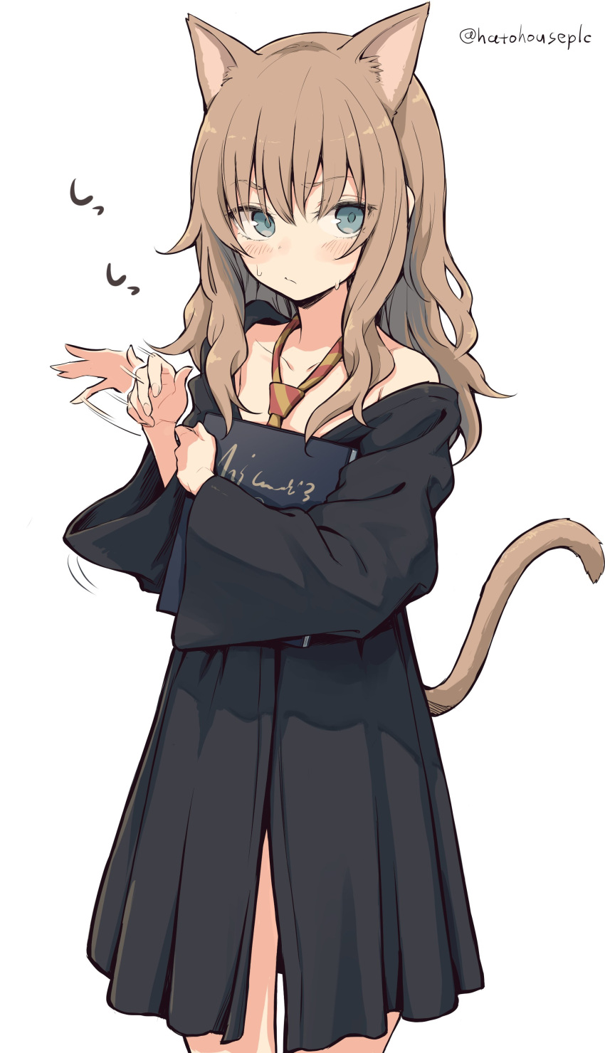 1girl, absurdres, animal_ears, aqua_eyes, black_robe, book, brown_hair, cat_ears