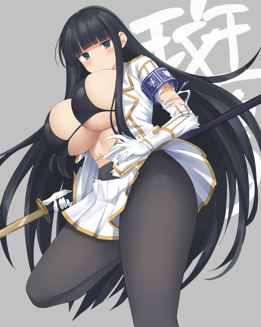 1girl, armband, bangs, bikini, black_bikini, black_hair, black_legwear, blush